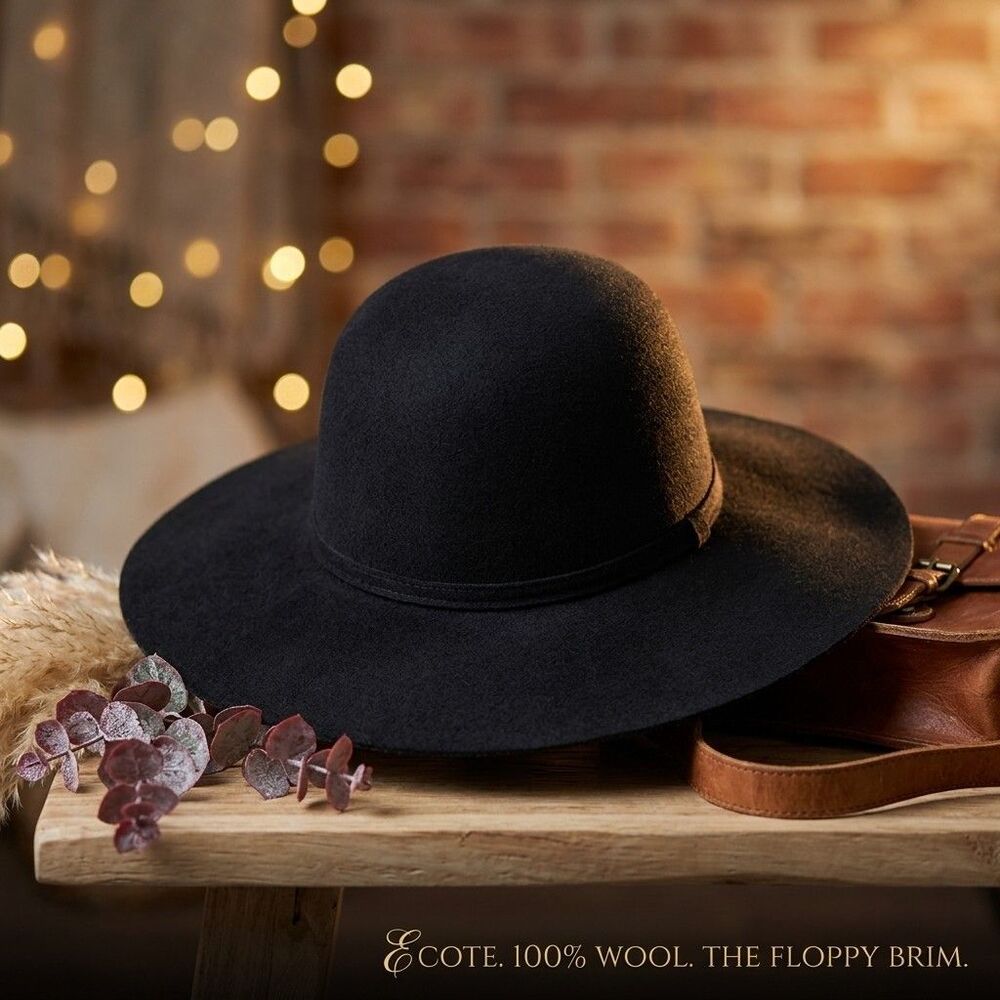 Urban Outfitters Ecote Black 100% Wool Felt Round Top Wide Floppy Brim Hat Boho